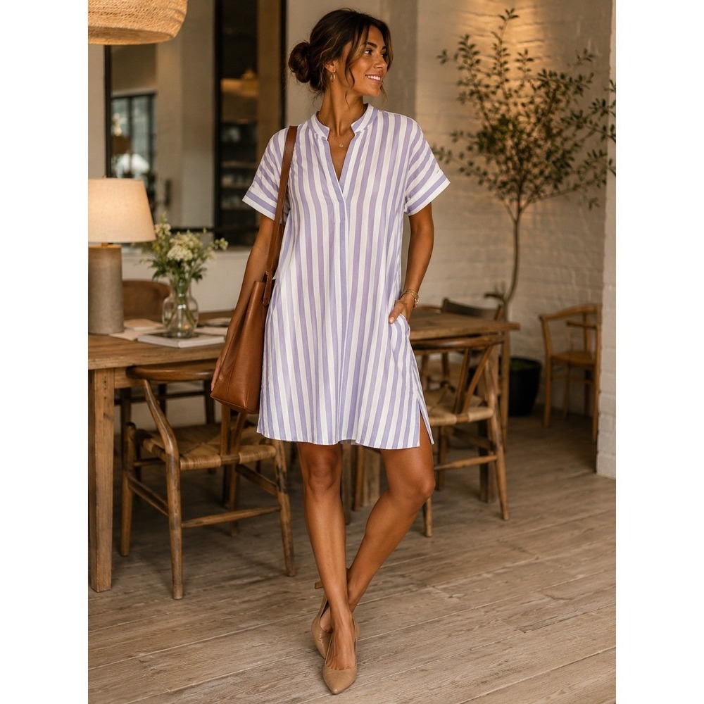 Banana Republic Womens Blue White Striped Poplin Shift Dress Pockets M/L